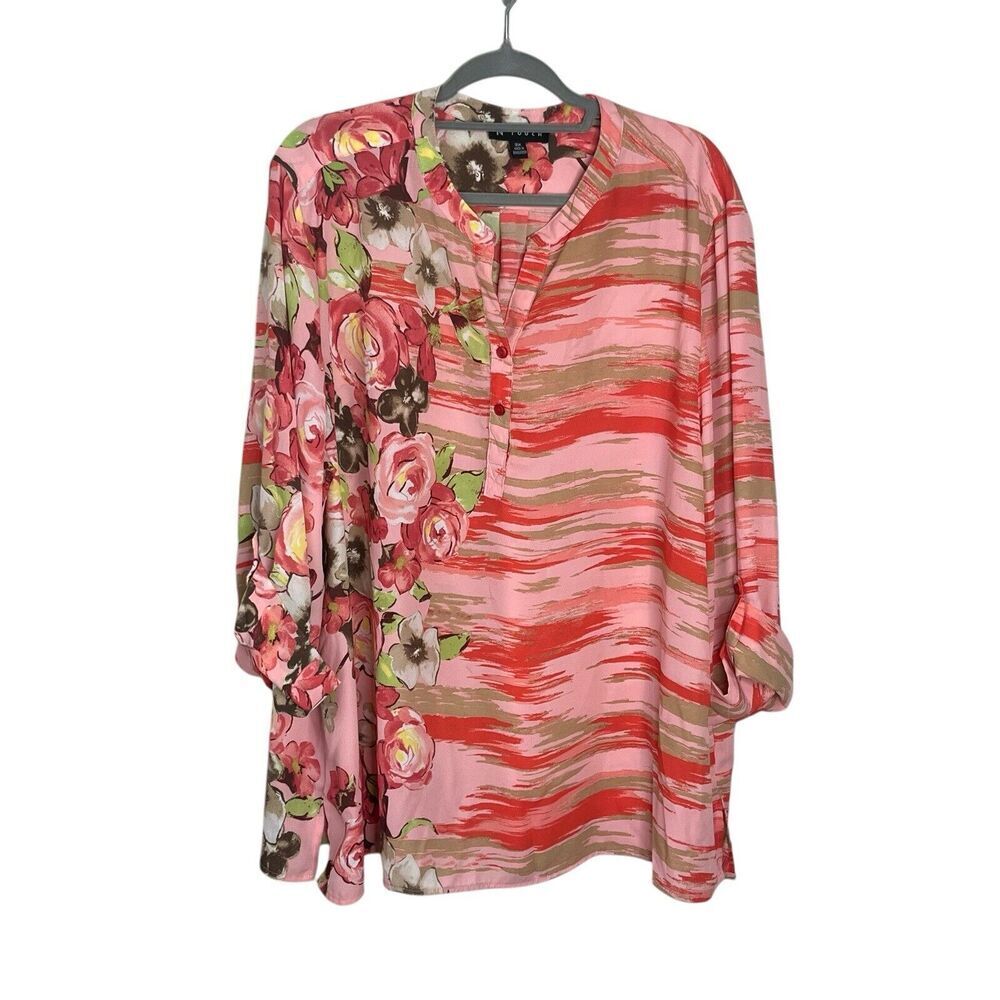 N Touch Tunic Top Women’s Sz 2X Roll Tab Sleeves Boho Coral Floral Lightweight
